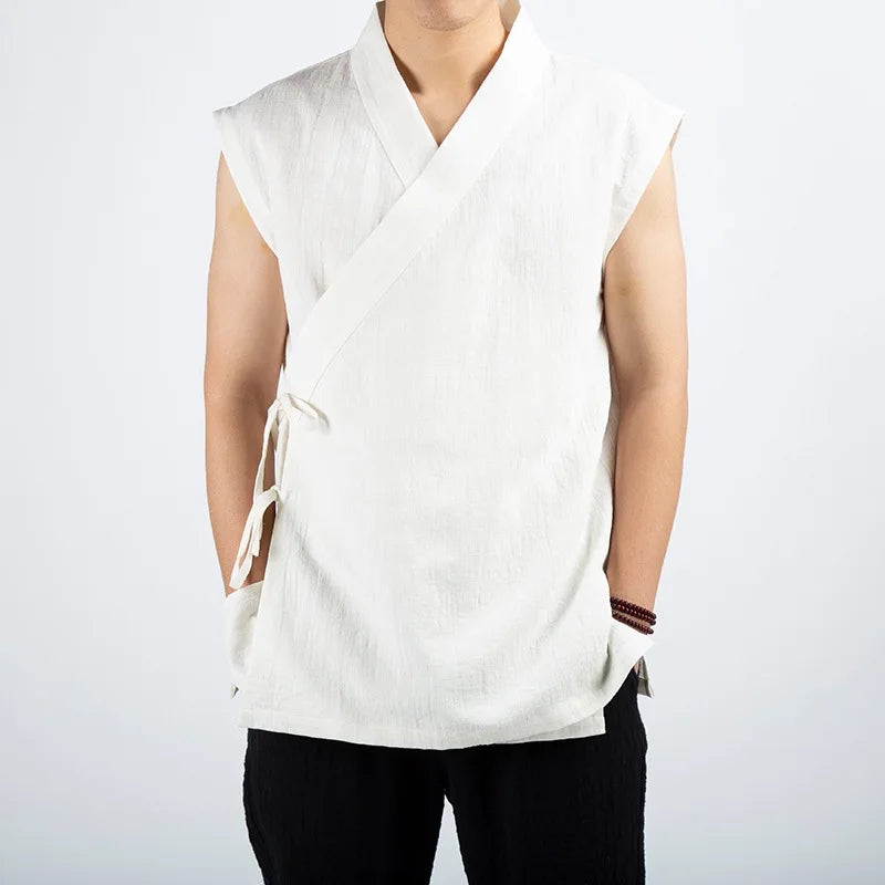 2026 Traditional Chinese Clothing Hanfu Men Linen Cotton Sleeveless Jacket Mens Tang Suit Kimono Cardigan Male Open Stitch Coat