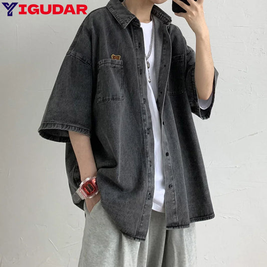 2025 Shirts Men Clothing Fashion Short Sleeve Summer Korean Style Loose All-match Cargo Handsome Homme Solid Tops Harajuku