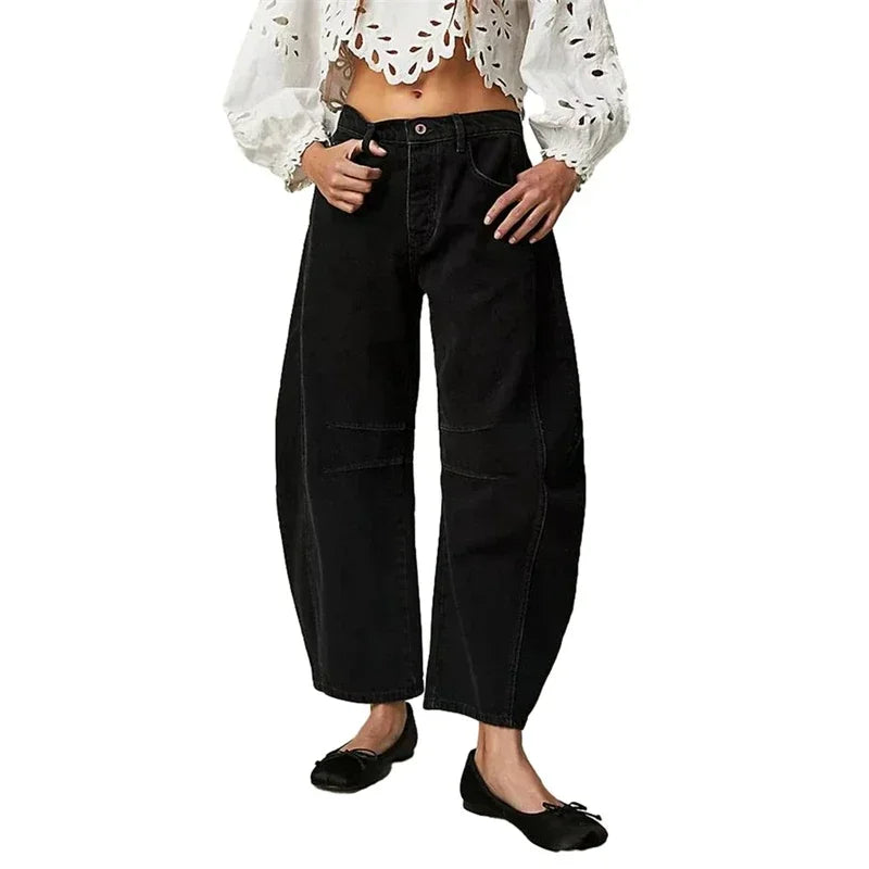 2024 Cropped Jeans for Women y2k Aesthetic Solid Casual Loose Low Waist Baggy Denim Trousers Wide-Leg Washed Jeans Tapered Pants