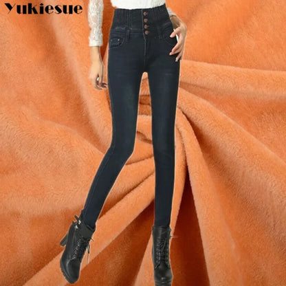 Winter Warm Thick Fleece Woman's Jeans with High Waist Mom Jeans for Women Jean Femme Cloth Black