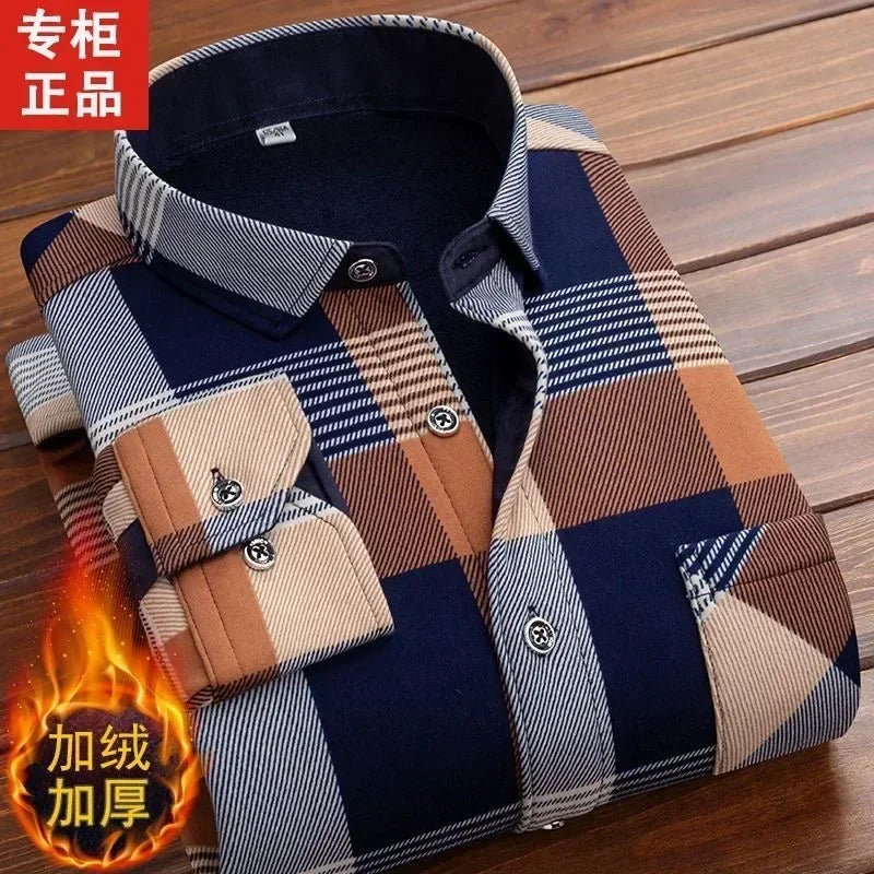 2026 Men's Wedding Party Warm Shirts Autumn Winter Oversized Casual Dress Office Business Fleece Shirts Male Casual Warm Shirts