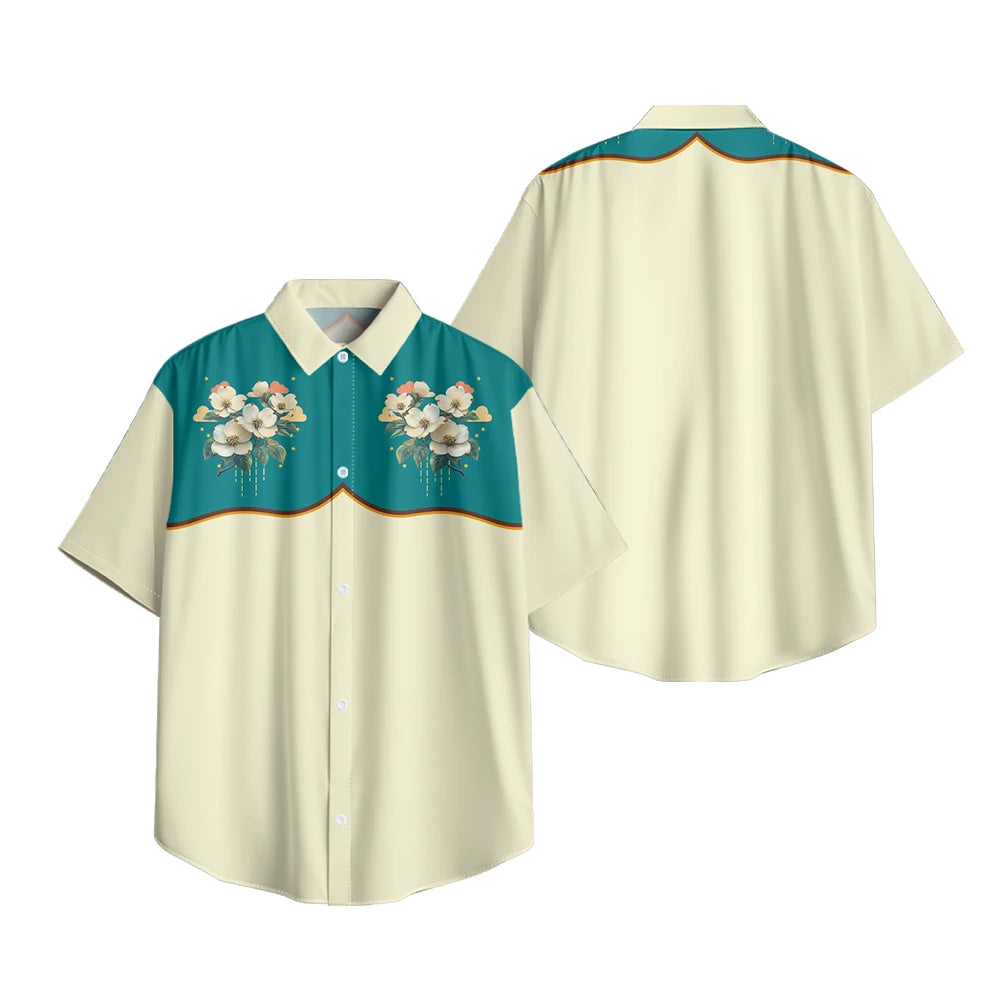 Men's Fashion Casual Shirt with Musical & Floral Design Short Sleeve Button Up Shirt Retro Hawaiian Inspired Summer Shirt