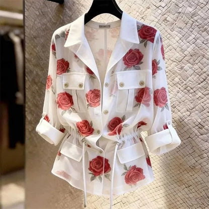 Women's Shirts Blouse Design Sense Rose Printed White Shirt 2026 Summer New Long Sleeve Waist Strap Collar Style Top