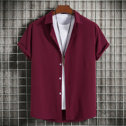 New Short Sleeve Shirts for Men Fashion Solid Casual Lapel Cardigan Tops Men Comfort Single-breasted Blouse Summer Beach Shirts