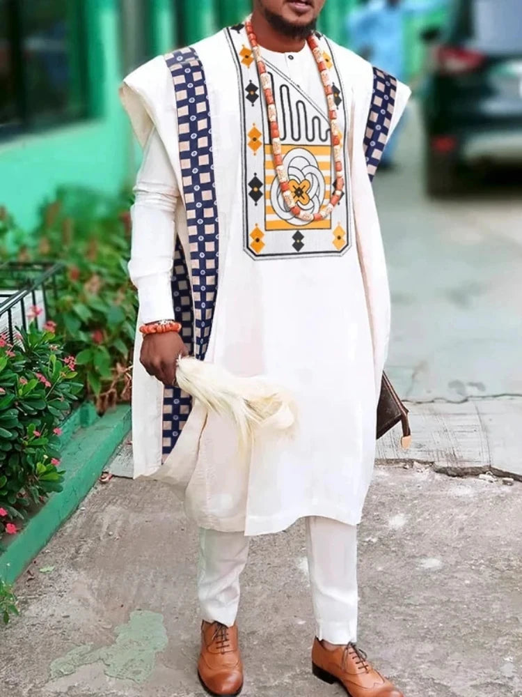 Men's African Traditional Clothing: Bazin Rich Original Heat Pressed White Clothing, Three-piece Suit, Suitable for Wedding Part