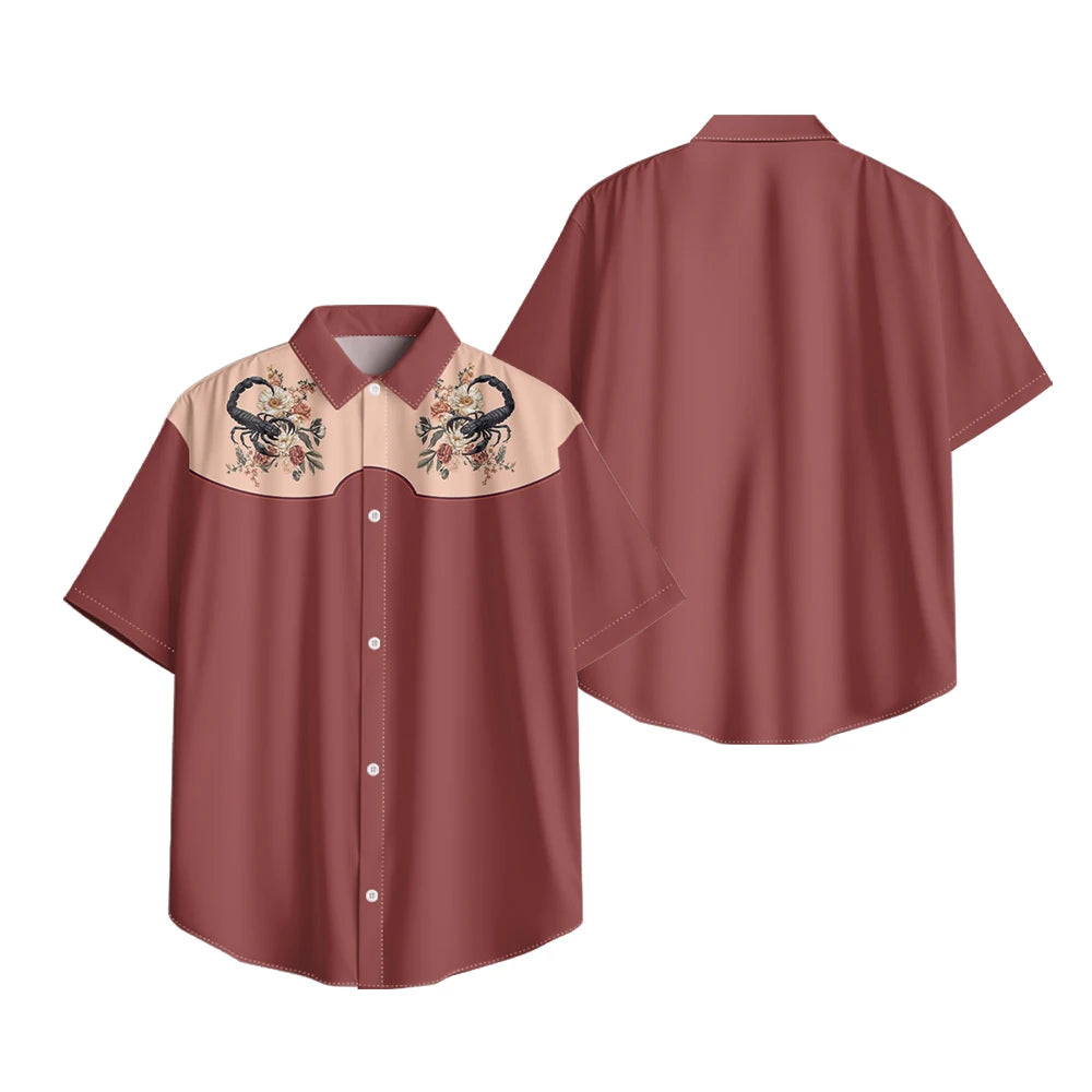 Men's Fashion Casual Shirt with Musical & Floral Design Short Sleeve Button Up Shirt Retro Hawaiian Inspired Summer Shirt