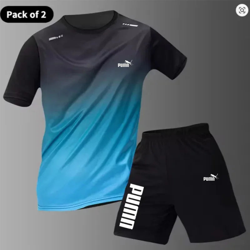 Men's sportswear, ice silk short sleeves and shorts running clothes, men's table tennis and badminton wear gradient T-shirt