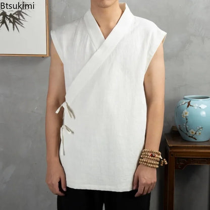 2026 Traditional Chinese Clothing Hanfu Men Linen Cotton Sleeveless Jacket Mens Tang Suit Kimono Cardigan Male Open Stitch Coat