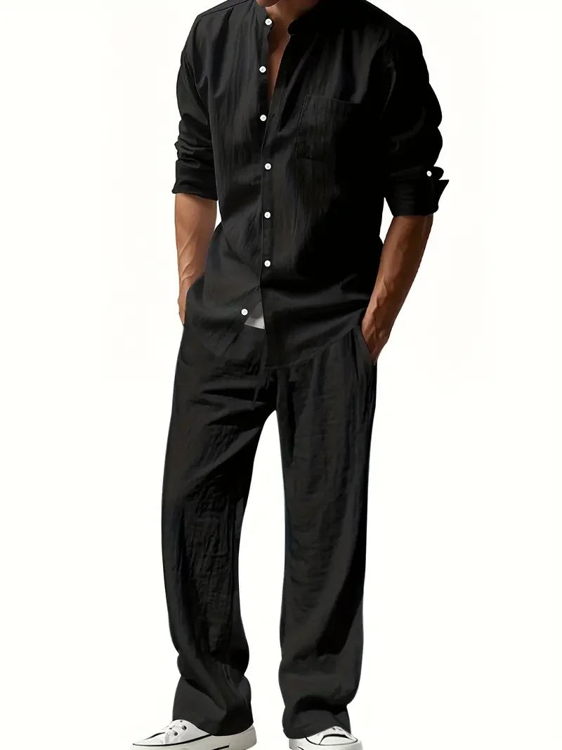 Men's Cotton Linen Shirt and Pants Set Breathable Comfortable Casual Two Piece Outfit Summer Style