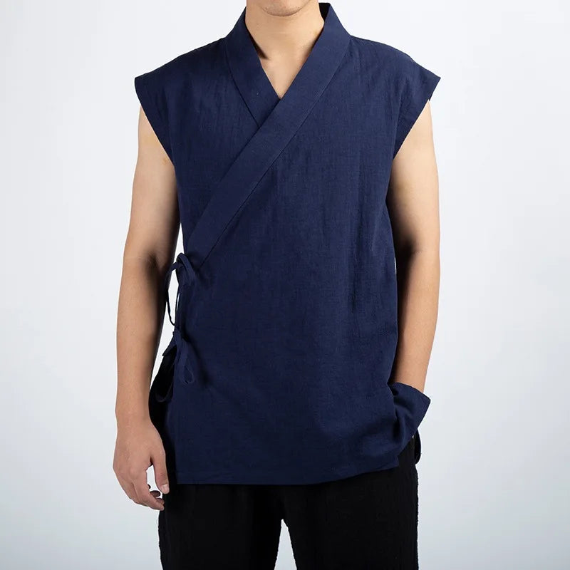 2026 Traditional Chinese Clothing Hanfu Men Linen Cotton Sleeveless Jacket Mens Tang Suit Kimono Cardigan Male Open Stitch Coat