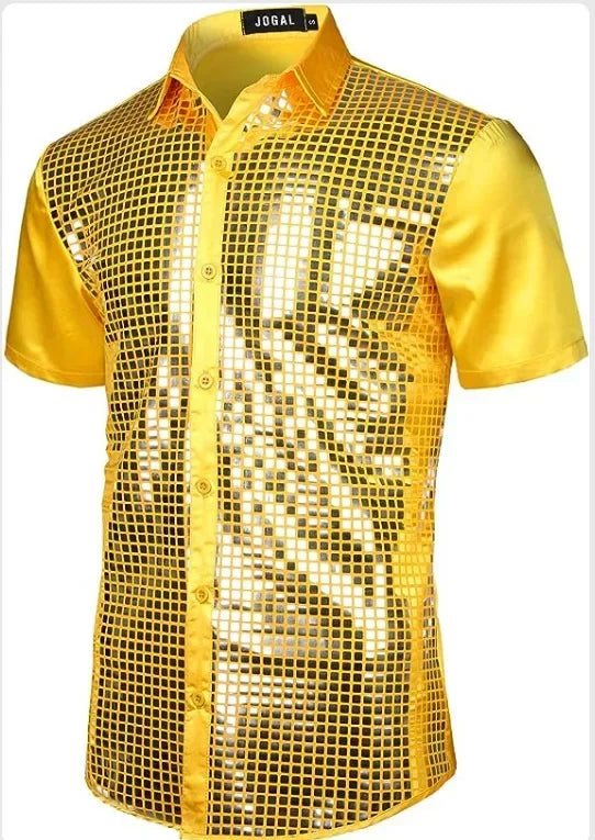 Men's Shiny Shirts Short Sleeve Shirts Nightclub Prom Disco Party Costume Button Blouse Casual Retro Cosplay Shirts Tops for Men