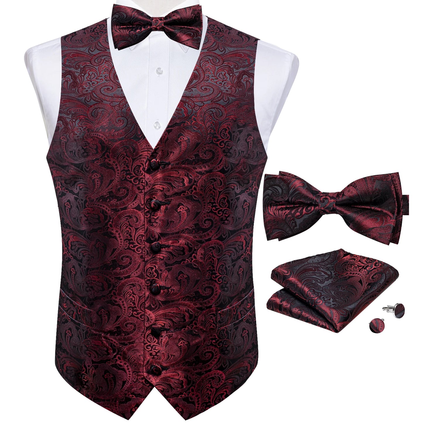 Suit Vest for Men Wedding Party Silk Waistcoat Bow Tie Handkerchief Cufflinks Tuxedo Gilet Men Clothing Wholesale