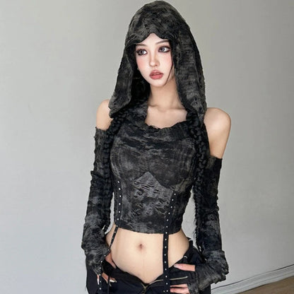 T-shirts Women Hooded Spring Long Sleeves Distressed American Retro Creativity Solid Streetwear Fashion Slim Backless Cut Out
