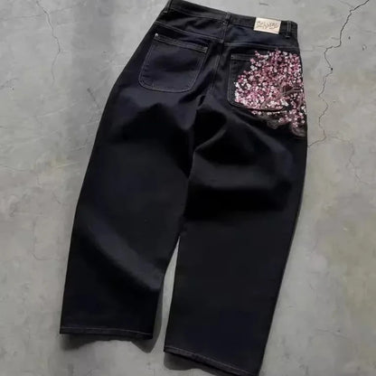 2025 autumn new European and American jeans embroidered pattern loose and personalized street Harajuku straight trousers
