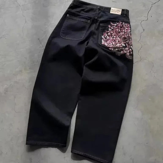 2025 autumn new European and American jeans embroidered pattern loose and personalized street Harajuku straight trousers