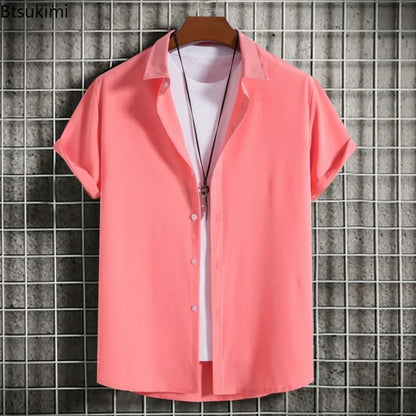 New Short Sleeve Shirts for Men Fashion Solid Casual Lapel Cardigan Tops Men Comfort Single-breasted Blouse Summer Beach Shirts