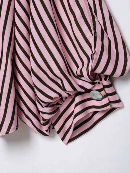 Women Striped Shirts For Women Vintage Elegant Puff Sleeve Summer New High Street Clothes Leisure Single-breasted Lapel Blouse