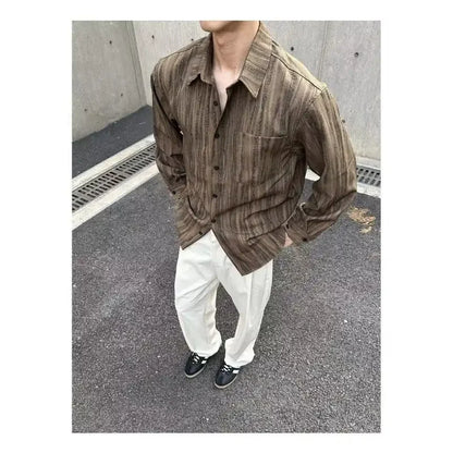 Men's Striped Long-Sleeve Shirt Casual Loose Fit Button-Up Top