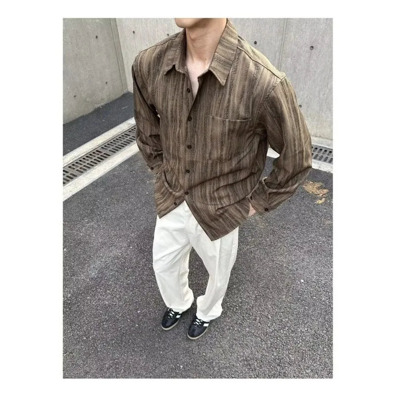 Men's Striped Long-Sleeve Shirt Casual Loose Fit Button-Up Top