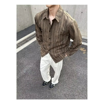 Men's Striped Long-Sleeve Shirt Casual Loose Fit Button-Up Top