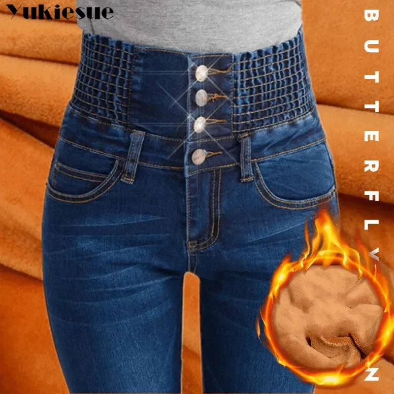 Winter Warm Thick Fleece Woman's Jeans with High Waist Mom Jeans for Women Jean Femme Cloth Black