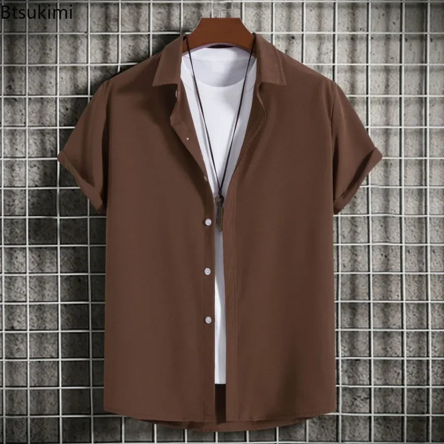 New Short Sleeve Shirts for Men Fashion Solid Casual Lapel Cardigan Tops Men Comfort Single-breasted Blouse Summer Beach Shirts