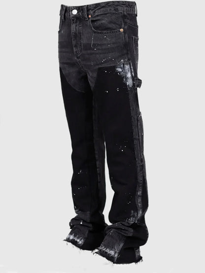 2025 Men's Fashion Jeans Work Pants, European and American Fashion Workwear Elastic Patchwork Denim Layered Flared Pants S-XXL