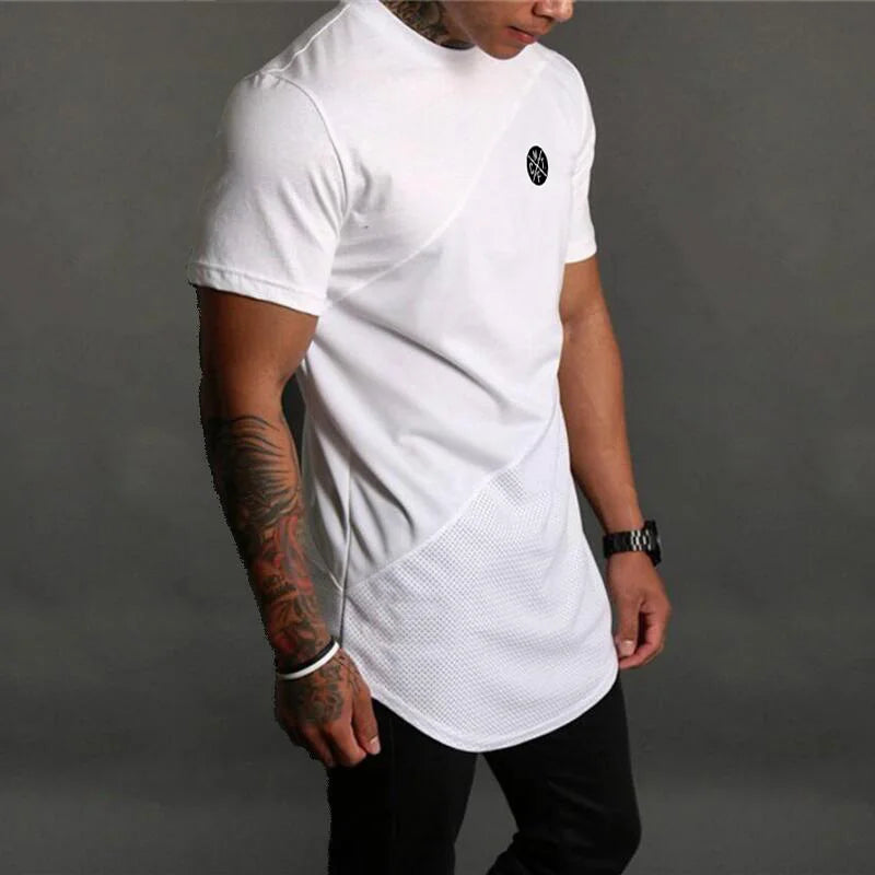 Mens Workout Bodybuilding Muscle Clothing Gym Fitness Cotton Breathable T-shirts Stitching Contrast Color Short Sleeve Shirts