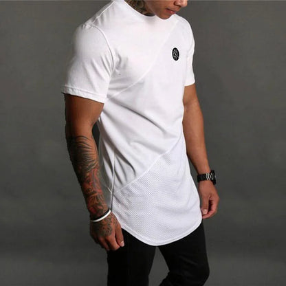 Mens Workout Bodybuilding Muscle Clothing Gym Fitness Cotton Breathable T-shirts Stitching Contrast Color Short Sleeve Shirts