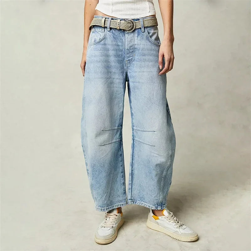2024 Cropped Jeans for Women y2k Aesthetic Solid Casual Loose Low Waist Baggy Denim Trousers Wide-Leg Washed Jeans Tapered Pants