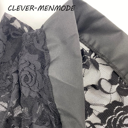 Men's Sexy Short Sleeve See-Through Lace Bathrobe Transparent Sex Erotic Pajamas Thong Hot Suit Home Wear Clothing