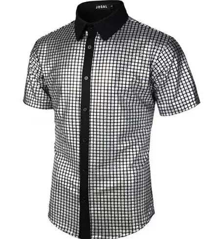 Men's Shiny Shirts Short Sleeve Shirts Nightclub Prom Disco Party Costume Button Blouse Casual Retro Cosplay Shirts Tops for Men