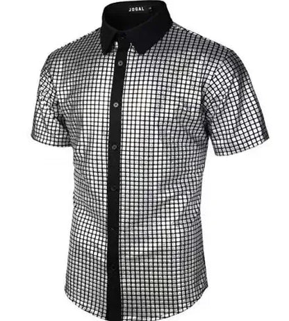 Men's Shiny Shirts Short Sleeve Shirts Nightclub Prom Disco Party Costume Button Blouse Casual Retro Cosplay Shirts Tops for Men