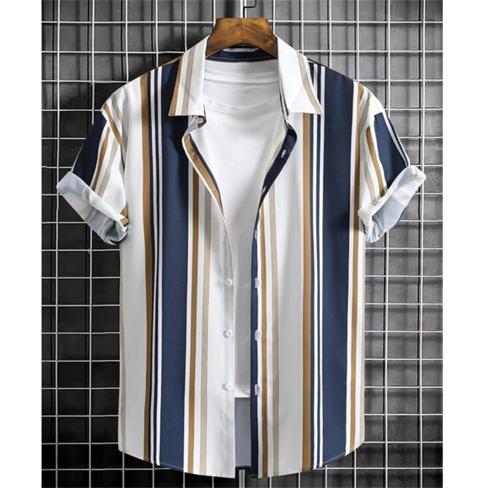 Hawaiian Shirts For Men 3d Striped Print Short Sleeve Shirts Summer Loose Casual Tops Simple Fashion Oversized Men Clothing