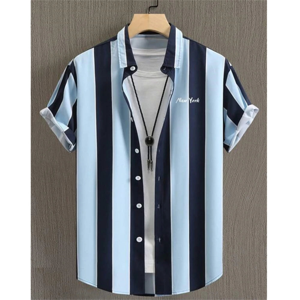 Hawaiian Shirts For Men 3d Striped Print Short Sleeve Shirts Summer Loose Casual Tops Simple Fashion Oversized Men Clothing
