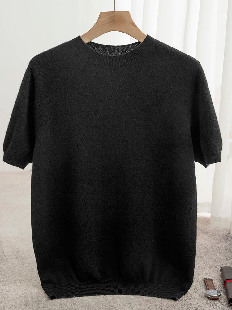 Men Classical T-shirt 100% Merino Wool Sweater O-neck Short Sleeve Pullover Smart Casual Basic Clothing Cashmere Knitwear Tops