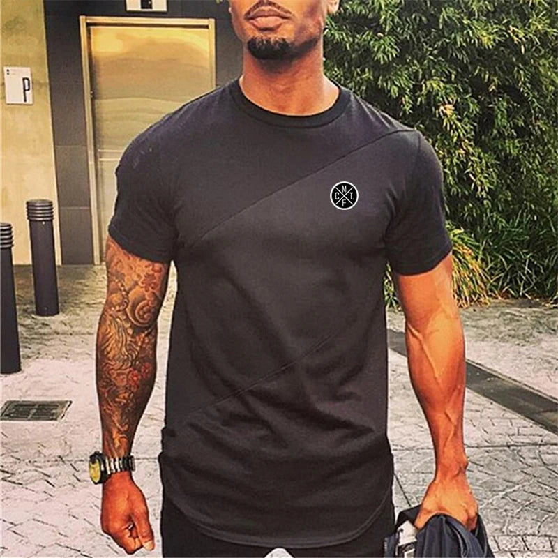 Mens Workout Bodybuilding Muscle Clothing Gym Fitness Cotton Breathable T-shirts Stitching Contrast Color Short Sleeve Shirts