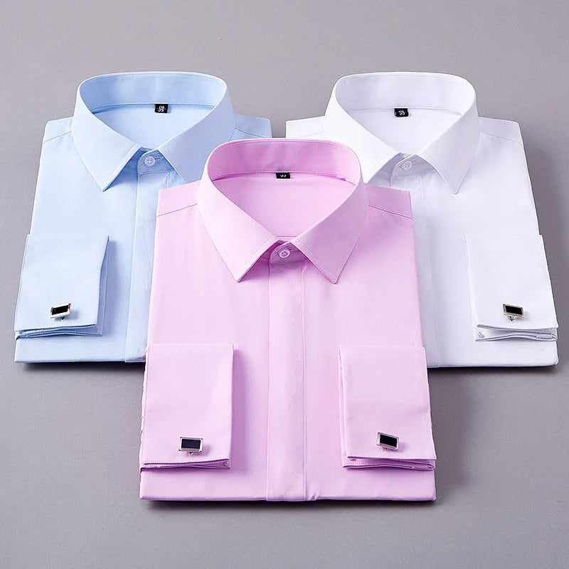 French Shirts for Men Covered Button Solid Plain Long Sleeve Business Party Tuxedo Men Dress Shirt with French Cufflinks