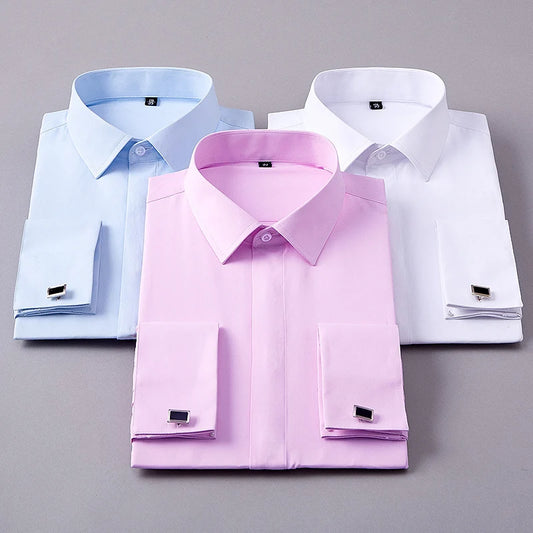 French Shirts for Men Covered Button Solid Plain Long Sleeve Business Party Tuxedo Men Dress Shirt with French Cufflinks