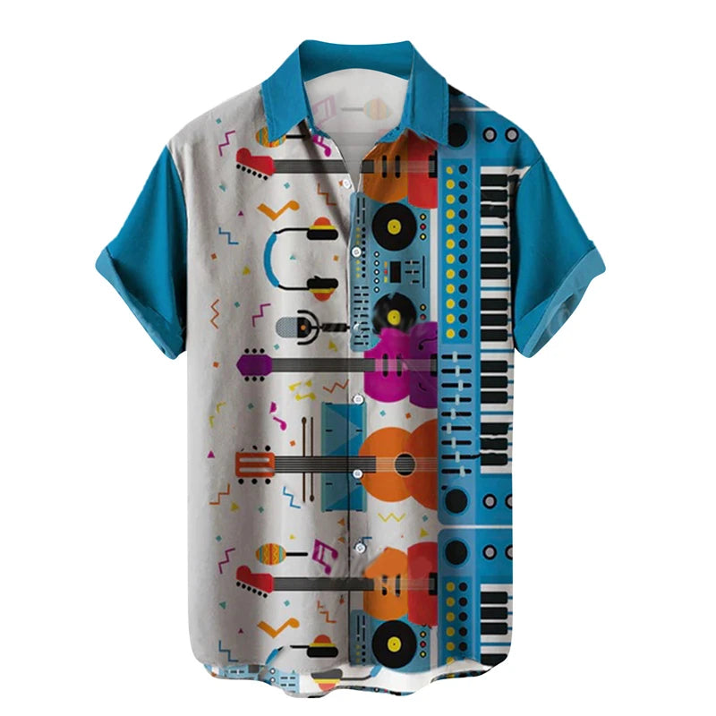 Shirts For Men Music Guitar Print Rock Hip Hop Tops Male Clothing Short Sleeve V-Neck Beach Ahloa Shirts Camisa Social Masculina