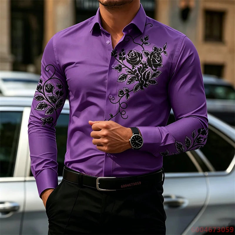 2026 New Men's Shirt with Rose Print, Long Sleeve, Slim Fit, Wrinkle-Free, Business Casual White Shirt, Trendy Men's Shirt