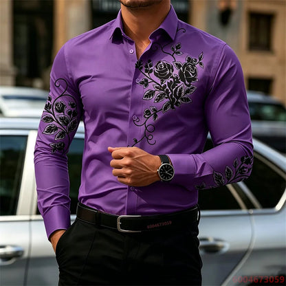 2026 New Men's Shirt with Rose Print, Long Sleeve, Slim Fit, Wrinkle-Free, Business Casual White Shirt, Trendy Men's Shirt