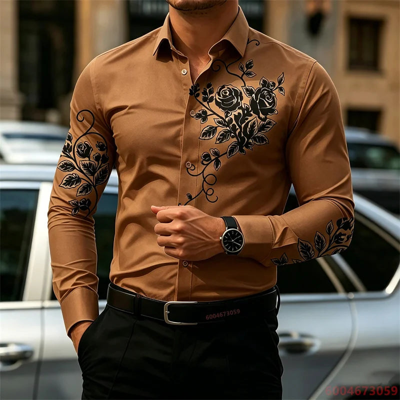 2026 New Men's Shirt with Rose Print, Long Sleeve, Slim Fit, Wrinkle-Free, Business Casual White Shirt, Trendy Men's Shirt