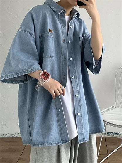 2025 Shirts Men Clothing Fashion Short Sleeve Summer Korean Style Loose All-match Cargo Handsome Homme Solid Tops Harajuku