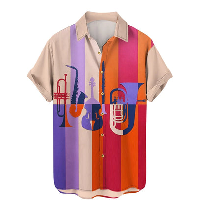 Shirts For Men Music Guitar Print Rock Hip Hop Tops Male Clothing Short Sleeve V-Neck Beach Ahloa Shirts Camisa Social Masculina