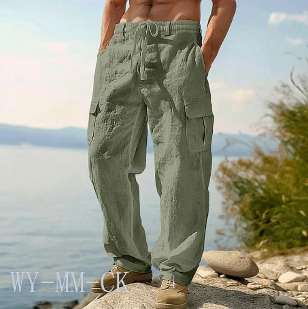 NEW European And American Men's Cotton And Linen Trousers Multi-pocket Work Pants Loose Straight Sportswear And Casual Trousers
