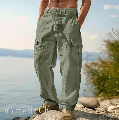 NEW European And American Men's Cotton And Linen Trousers Multi-pocket Work Pants Loose Straight Sportswear And Casual Trousers