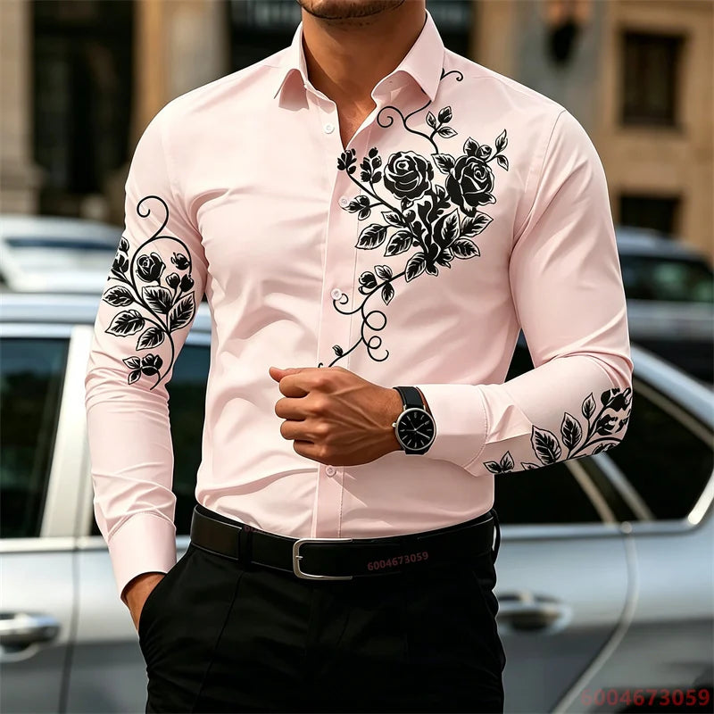 2026 New Men's Shirt with Rose Print, Long Sleeve, Slim Fit, Wrinkle-Free, Business Casual White Shirt, Trendy Men's Shirt