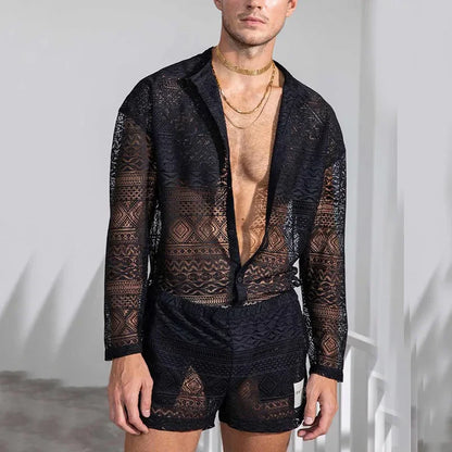 2026 Cross-border AliExpress European and American men's long-sleeved lace cut-out shirt casual shorts men's suit