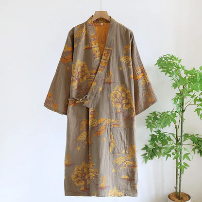 Men's Roomwear Cotton Kimono Pajamas Robes for Spring Jacquard Printed Home Clothing Medium Length Oversized Breathable Bathrobe